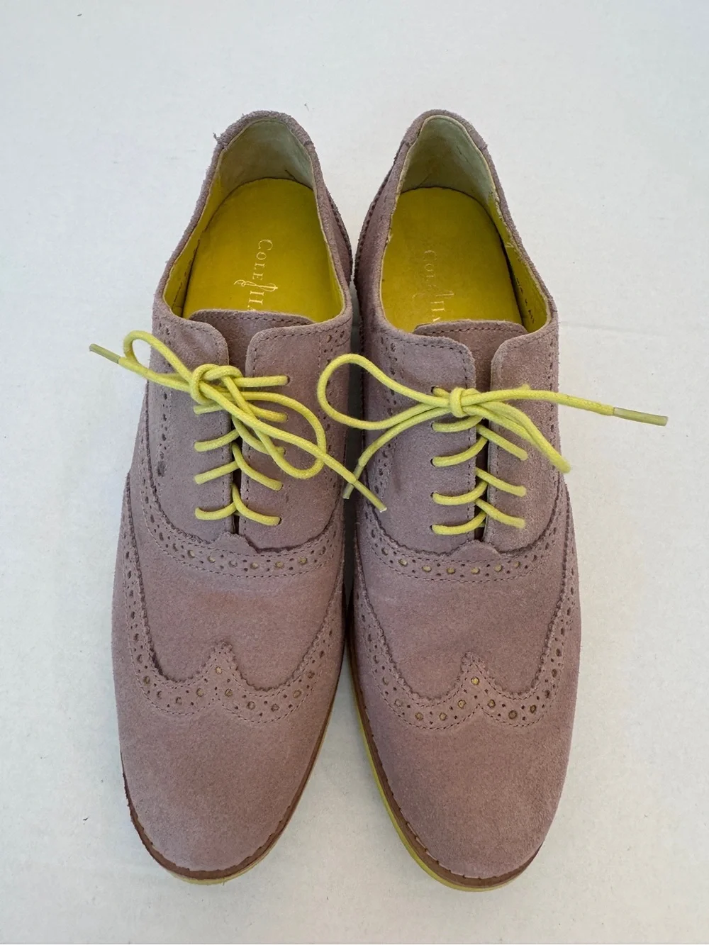 Cole Haan Womens Alisa Oxfords Taupe Suede Neon Yellow Brogue Wingtip Size 9.5